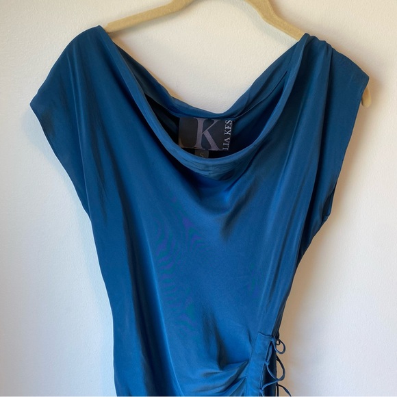 LIA KES 100% Silk Dress Navy Blue Midi Tassel Boatneck Side Tie - Picture 5 of 9